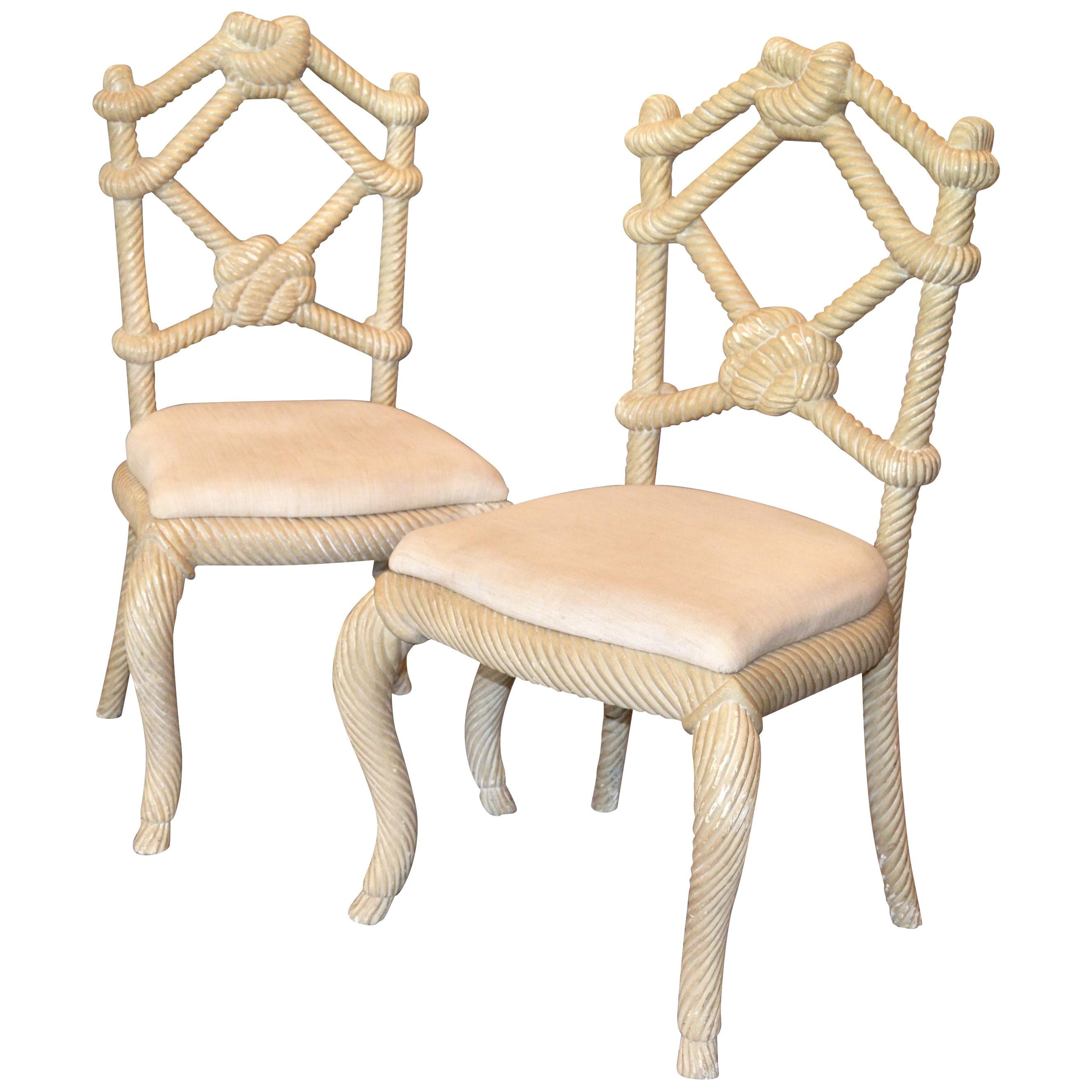 Pair of Venetian Wooden Hand-Carved Rope Tied Knot Accent Side Chairs For Sale