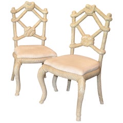 Retro Pair of Venetian Wooden Hand-Carved Rope Tied Knot Accent Side Chairs