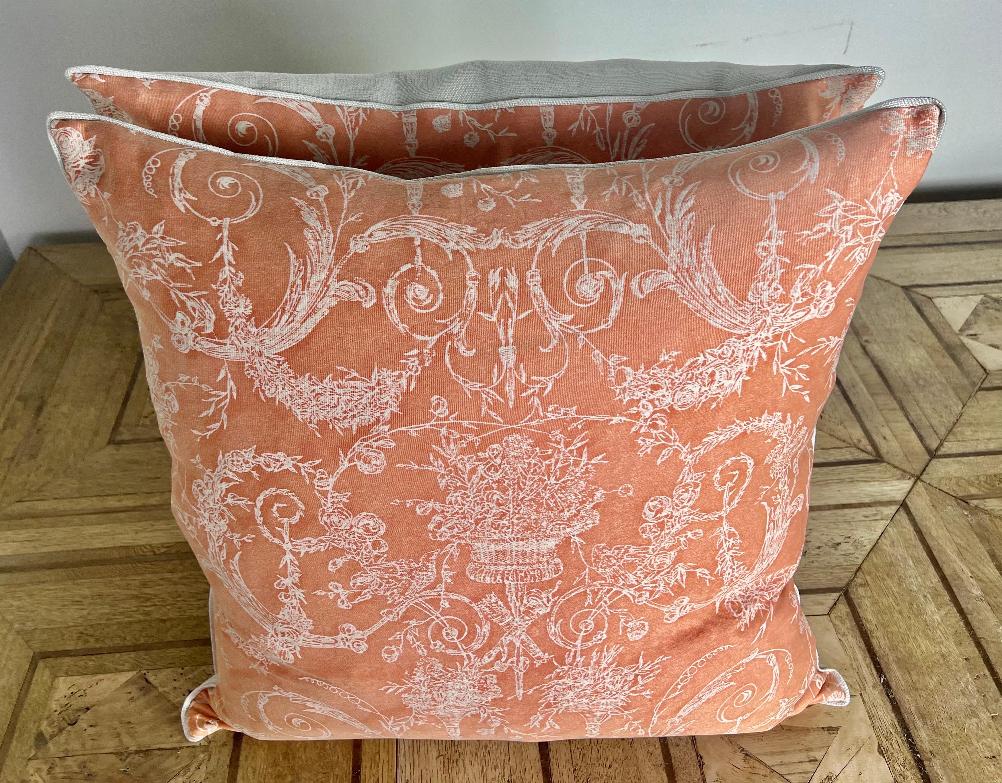 Pair of custom pillows made with vintage unused Venezianina patterned Fortuny printed fronts and crisp white linen backs with a self welt detail. Down inserts, zipper closures.