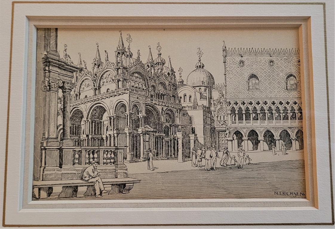 Etched Pair of Venice Etchings by N Erichsen 1904 For Sale