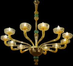 Pair of Venini 1970s Amber and Emerald Chandelier, 12 Arms, Hand Blown Glass