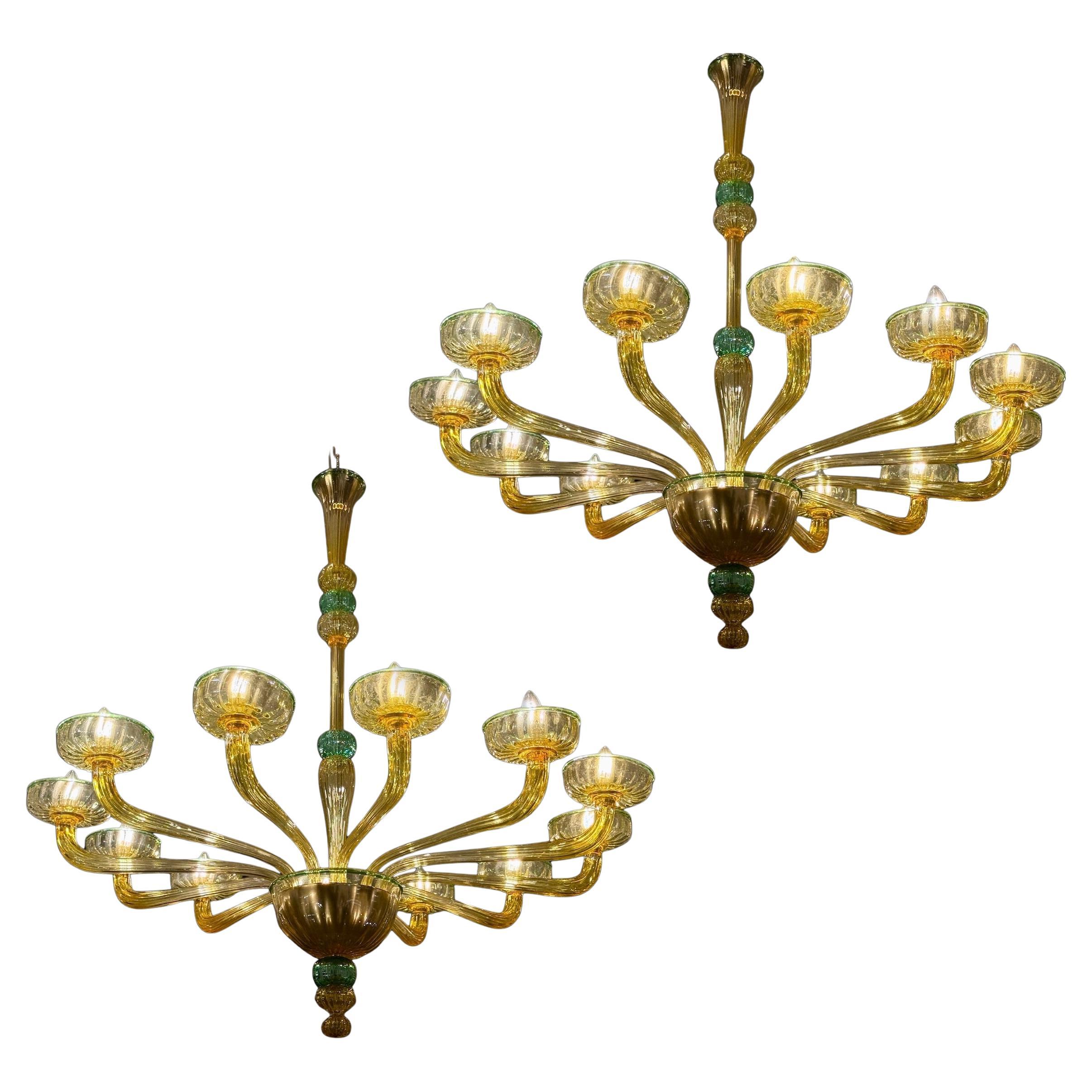 Pair of Venini 1970s Amber and Emerald Chandelier, 12 Arms, Hand Blown Glass For Sale