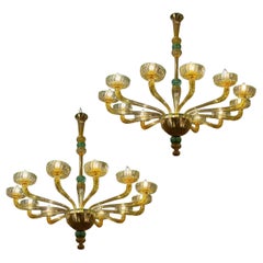 Pair of Venini 1970s Amber and Emerald Chandelier, 12 Arms, Hand Blown Glass