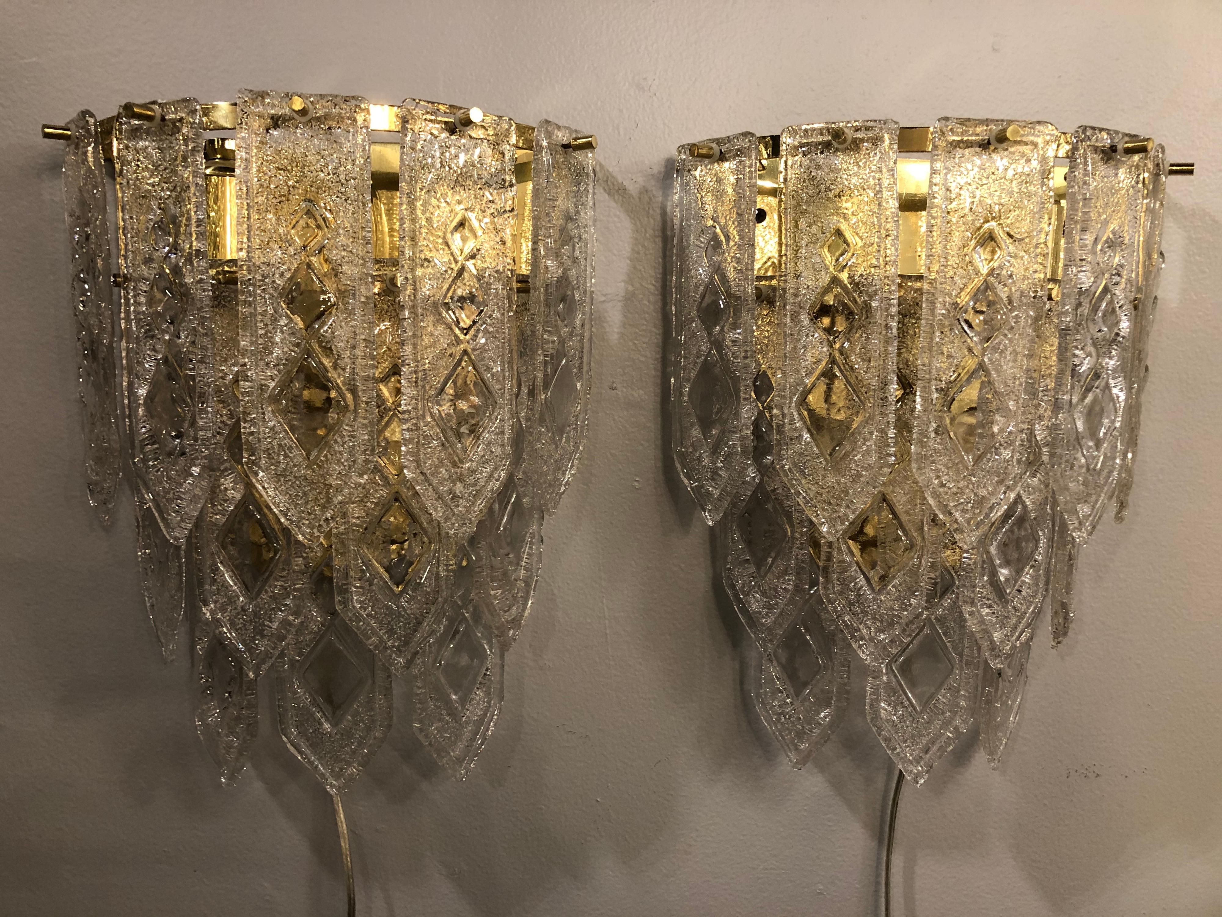 Pair of three-tier Venini Art Deco style sconces. Crystals have great geometric pattern on brass frame. Three bulbs each. Very good quality and condition, ready to use.