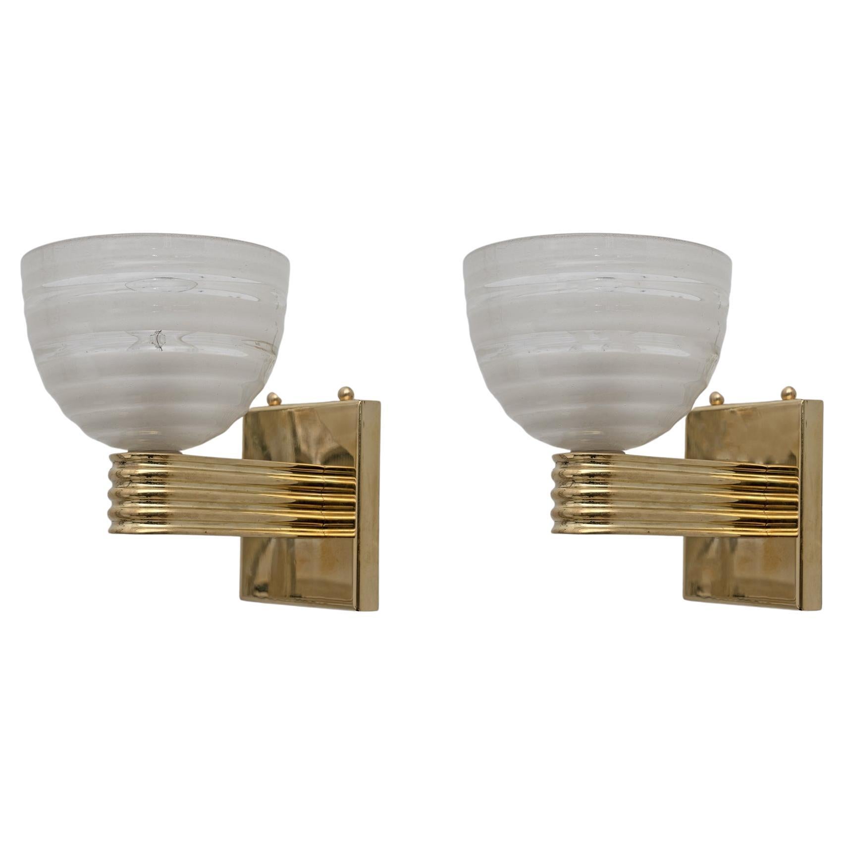 Pair of Venini Style Art Dèco Brass and Murano Glass Sconces For Sale