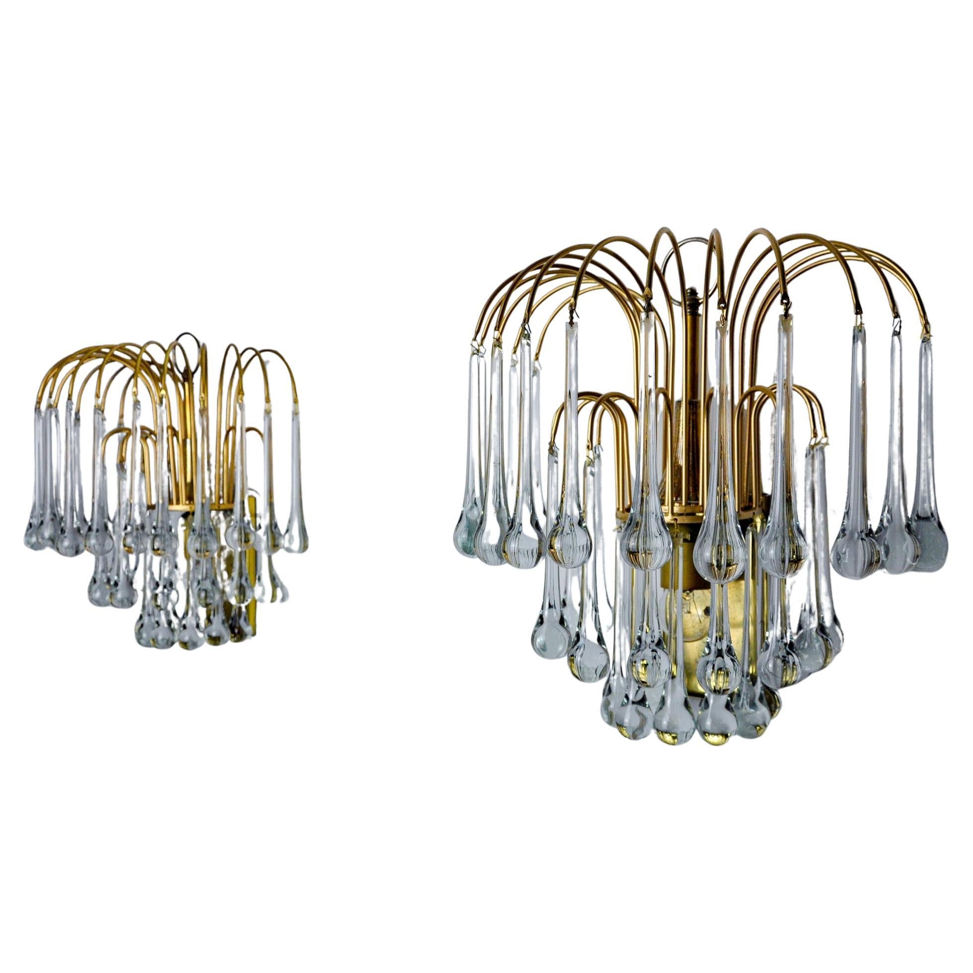 Paar Venini "drop" Wandleuchten, 3 Ebenen, Murano Glas, Italien, 1970