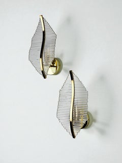 Pair of Venini Floral Wall Sconces Gilt Brass & Murano Tubular Glass Italy 1970S