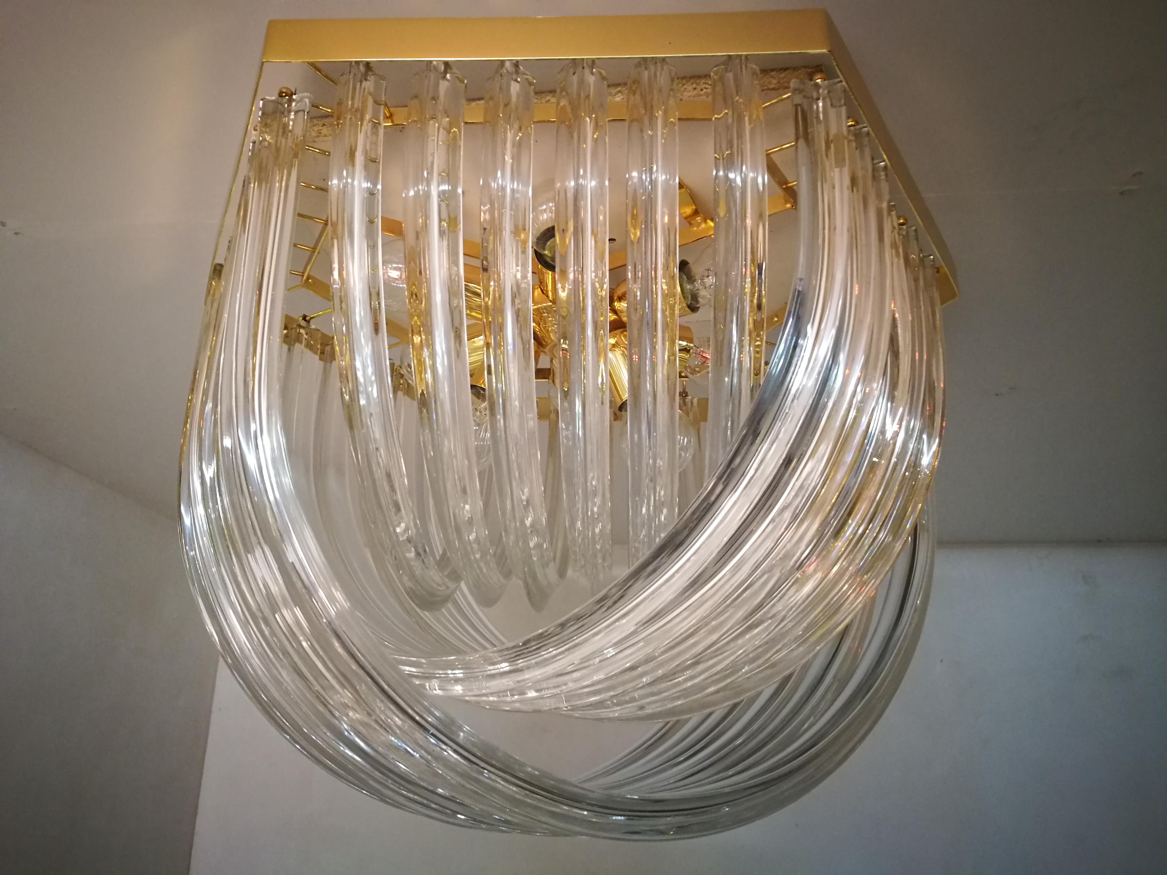 Pair of Venini Light Fixtures, Curved Crystal Glass and Gilt Brass, Italy 8