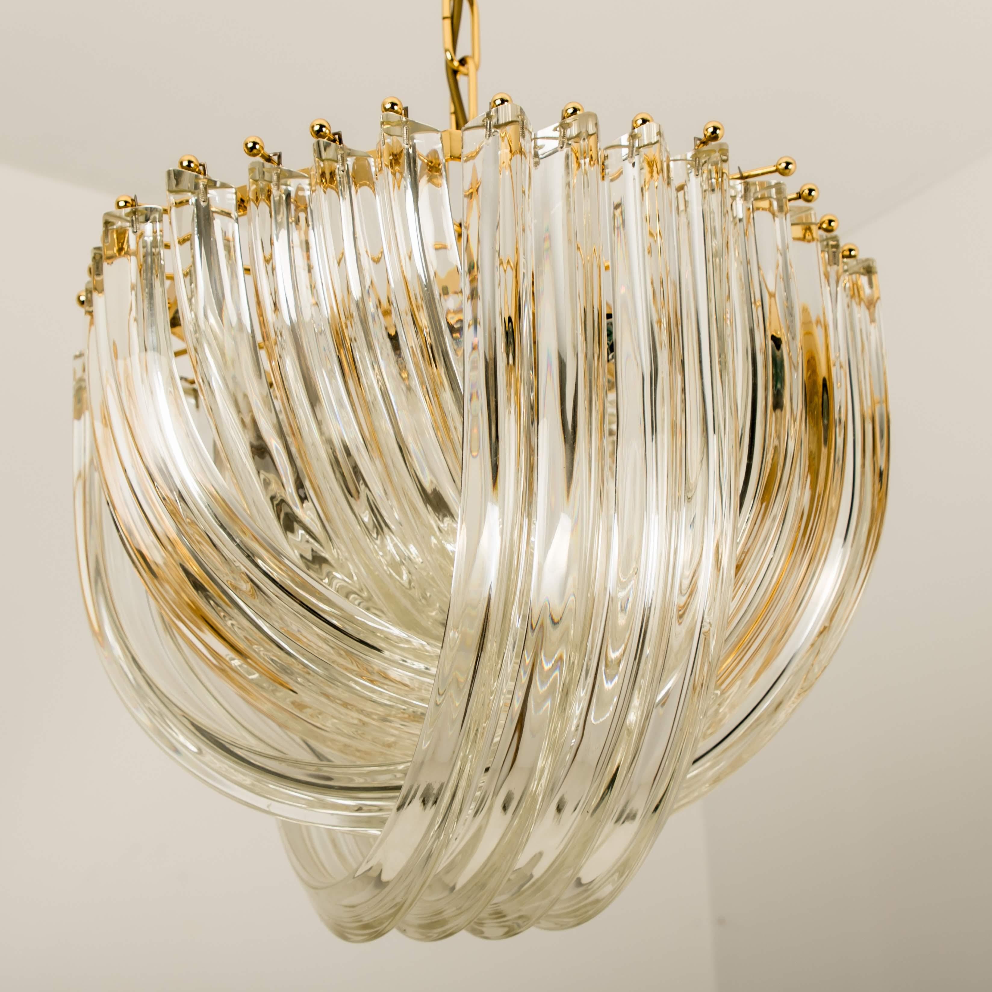 Mid-Century Modern Pair of Venini Light Fixtures, Curved Crystal Glass and Gilt Brass, Italy