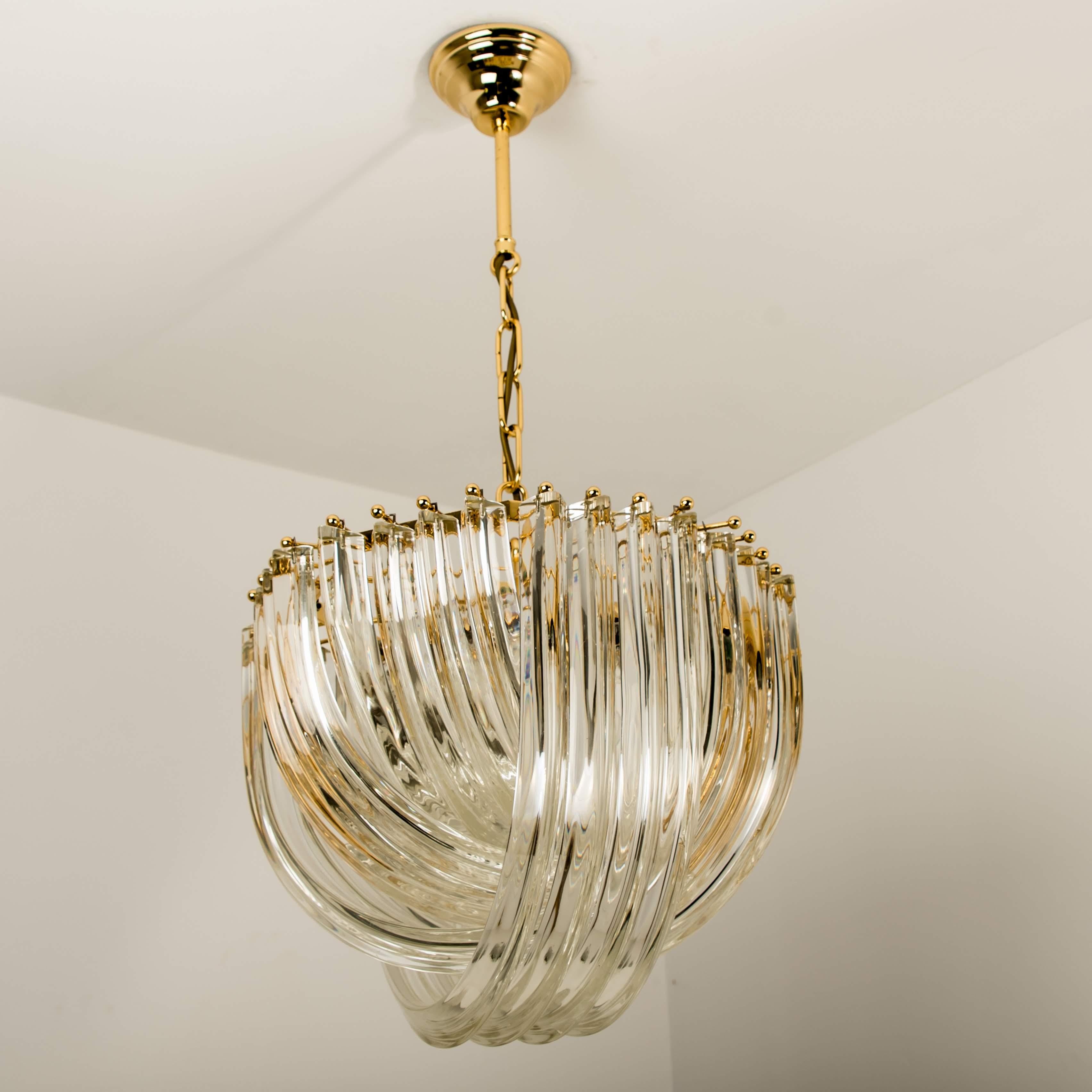 Pair of Venini Light Fixtures, Curved Crystal Glass and Gilt Brass, Italy 1