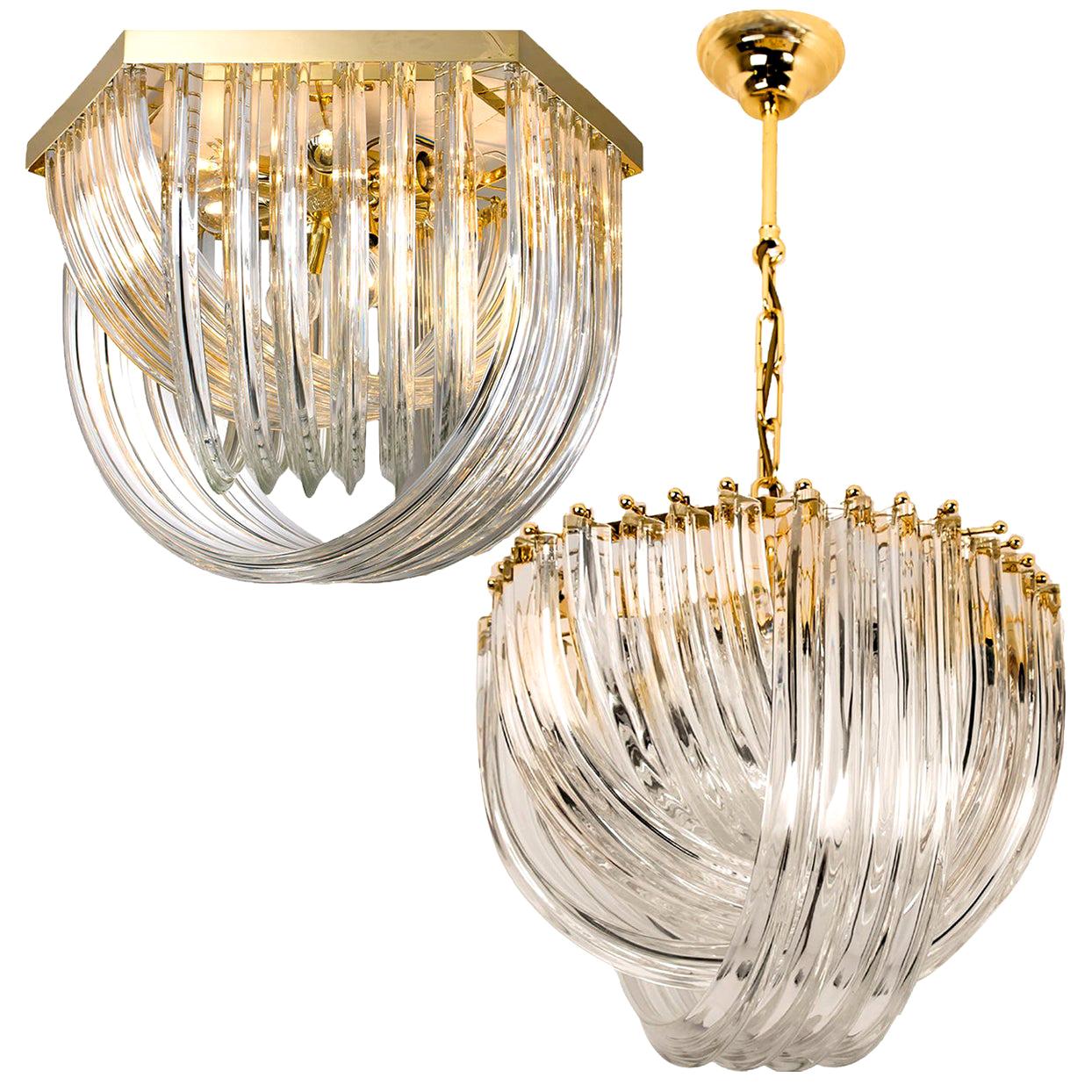 Pair of Venini Light Fixtures, Curved Crystal Glass and Gilt Brass, Italy