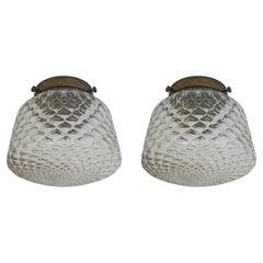 Pair of Venini Murano Glass and Brass Flush Mount Ceiling Lights, Italy 1940s