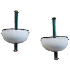 Pair of Venini Murano Glass White and Green Italian Sconces, 1990s