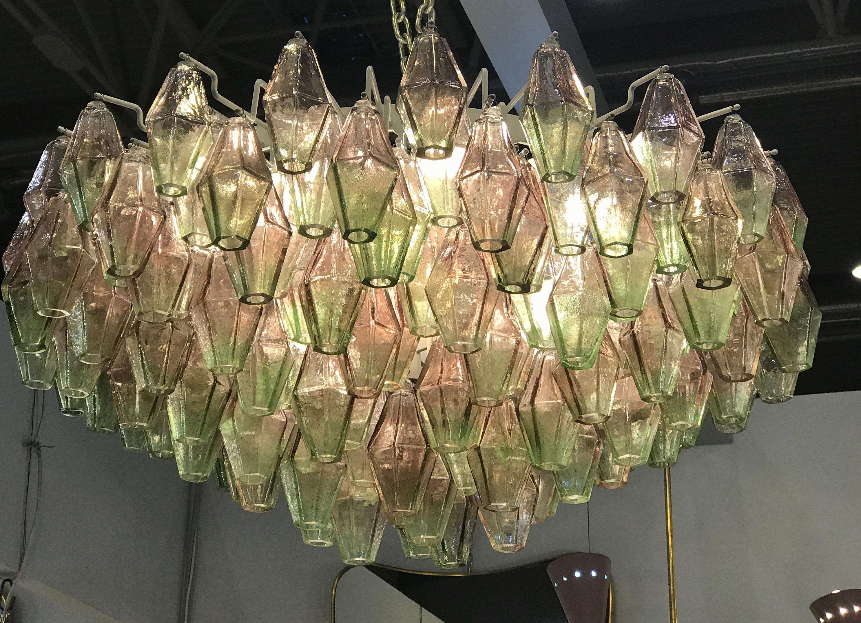 Pair of Venini Poliedri Carlo Scarpa Pink and Green Murano Glass Chandelier 1955 In Excellent Condition In Rome, IT