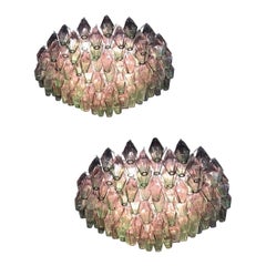 Coppia di lampadari Venini Poliedri Carlo Scarpa in vetro di Murano rosa e verde 1955