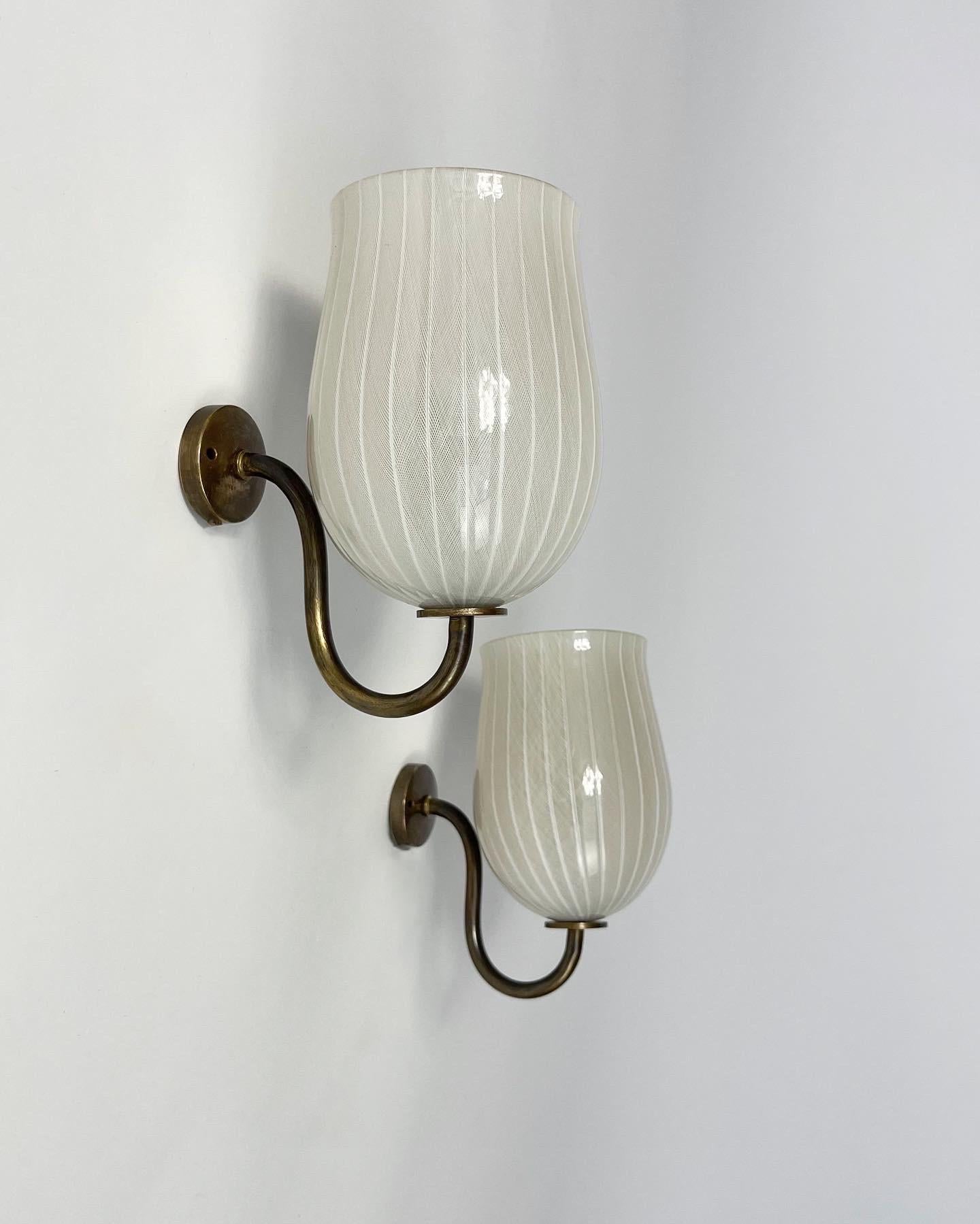 Mid-Century Modern Pair of Venini Sconces Murano Glass Zanfirico Filigrana 1950s Wall Lamps 