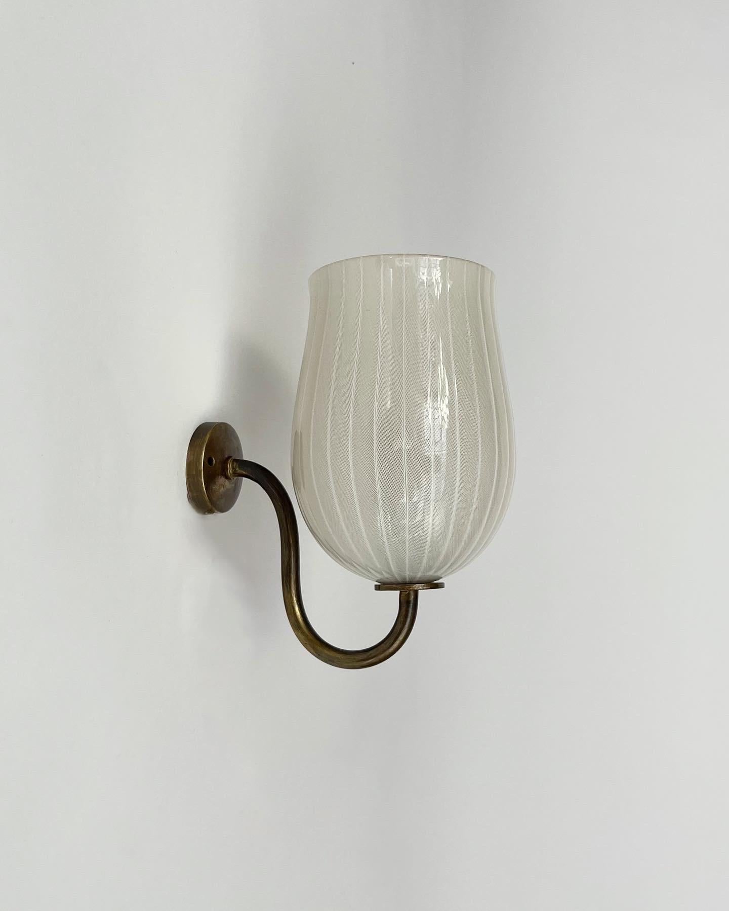 Italian Pair of Venini Sconces Murano Glass Zanfirico Filigrana 1950s Wall Lamps 