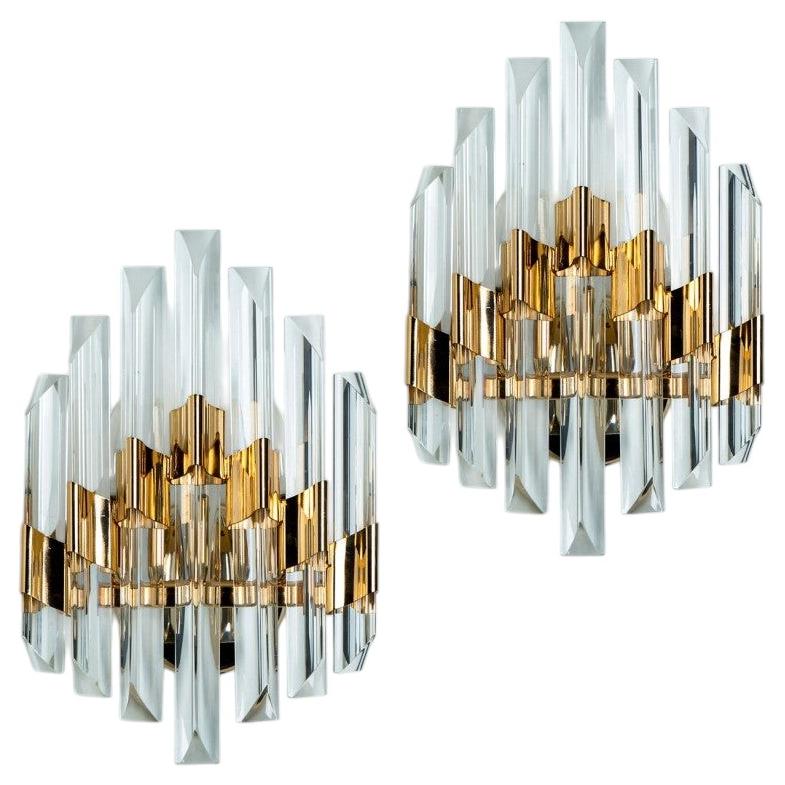 Pair Of Venini Style Clear Gold Glass Brass Sconce, 1970 For Sale