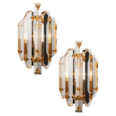 Pair of Venini Style Clear Gold Glass Brass Sconces, 1970