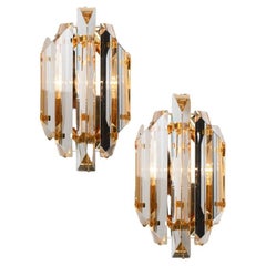 Vintage Pair of Venini Style Clear Gold Glass Brass Sconces, 1970