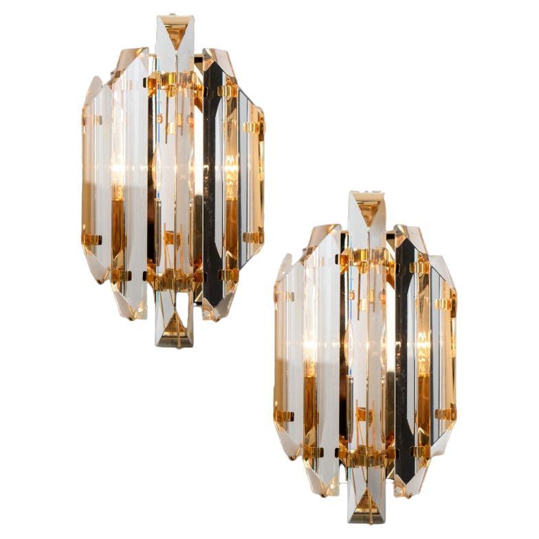 Coppia di lampade in ottone con vetro dorato trasparente in stile Venini, 1970 in vendita