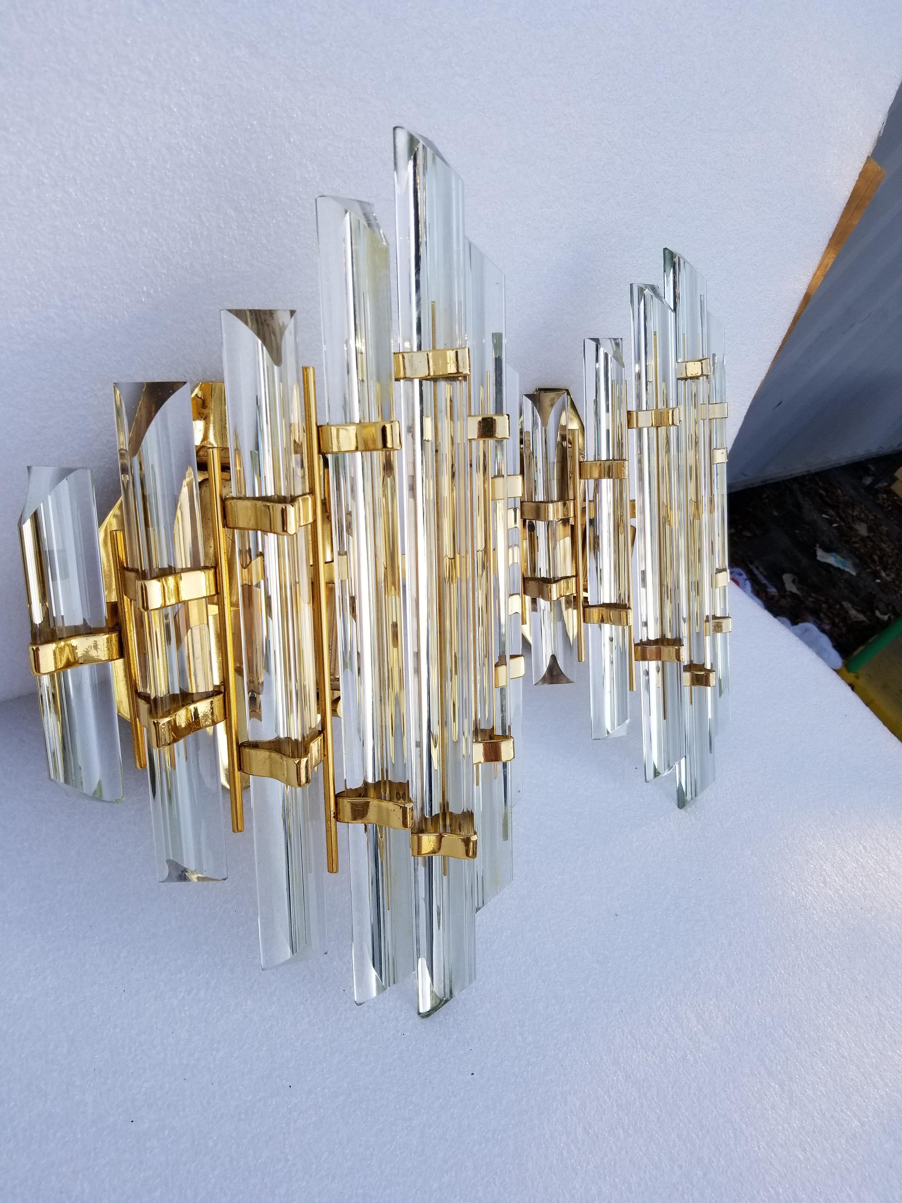 Brass Pair of Venini Style Crystal Sconces For Sale