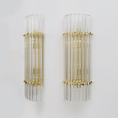 Pair of Venini Style Mid-Century Brass and Murano Glass "Triedri" Sconces
