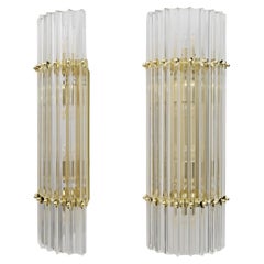 Pair of Venini Style Mid-Century Brass and Murano Glass "Triedri" Sconces
