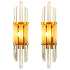 Pair of Venini Style Murano Glass and Brass Sconces, Italy