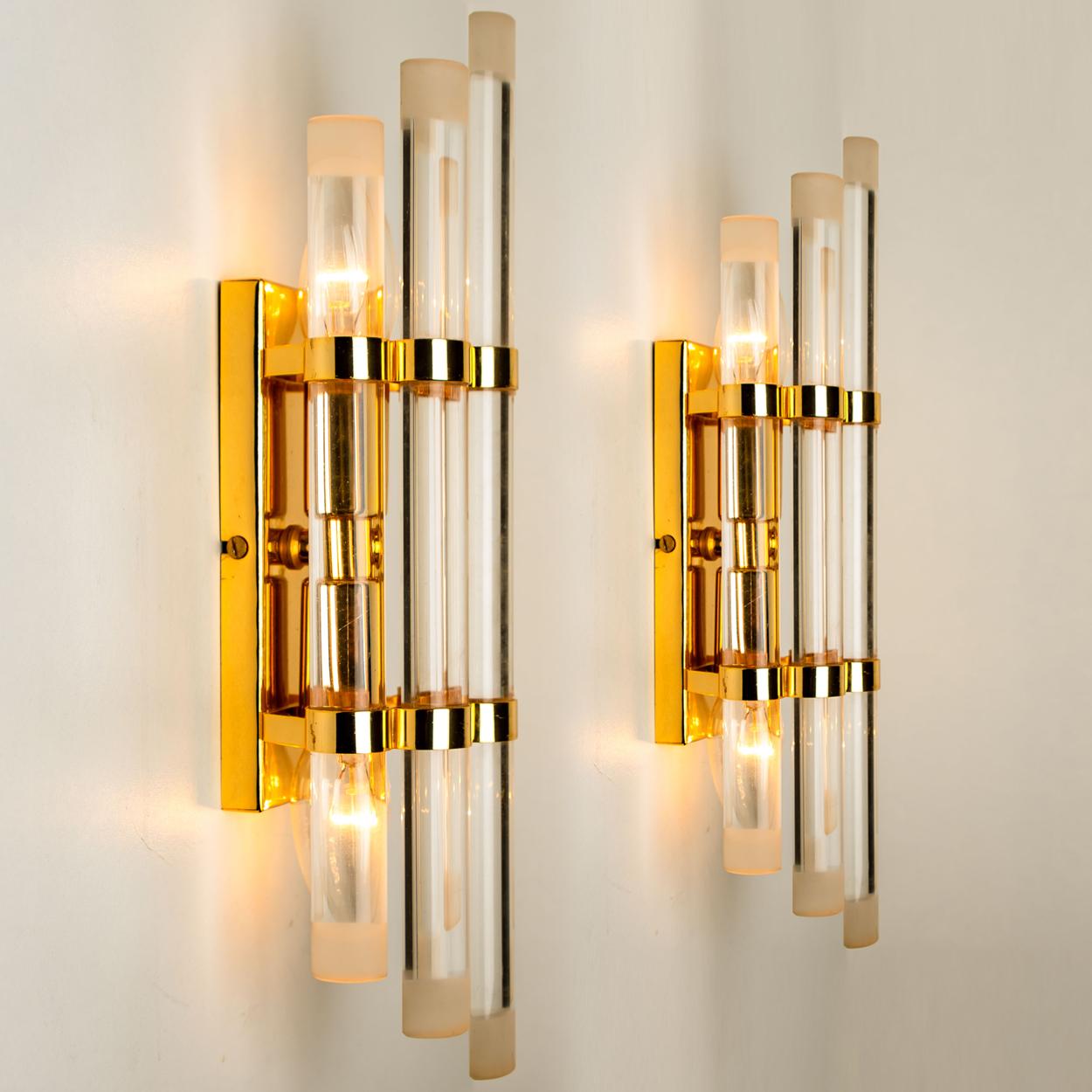 Late 20th Century Pair of Venini Style Murano Glass and Gilt Brass Sconces, 1960s