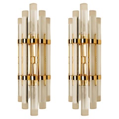 Pair of Venini Style Murano Glass and Gilt Brass Sconces, 1960s