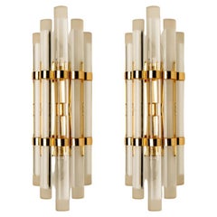 Vintage Pair of Venini Style Murano Glass and Gilt Brass Sconces, 1960s