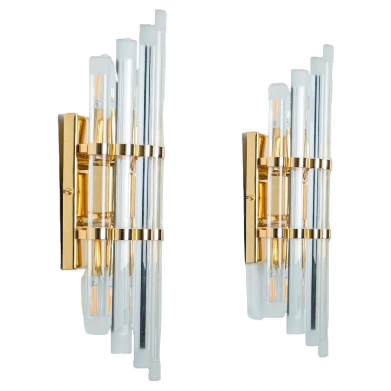 Pair of Venini Style Murano Glass and Gilt Brass Sconces, 1960s For Sale