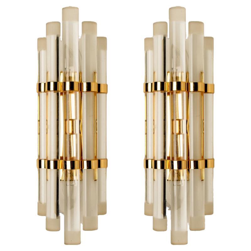 Pair of Venini Style Murano Glass and Gilt Brass Sconces, 1960s