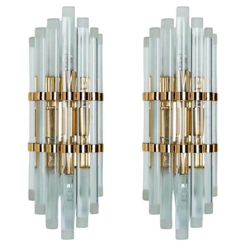 Pair of Venini Style Murano Glass and Gilt Brass Sconces, 1960s