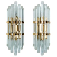 Pair of Venini Style Murano Glass and Gilt Brass Sconces, 1960s