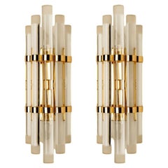 Pair of Venini Style Murano Glass and Gilt Brass Sconces, 1960s