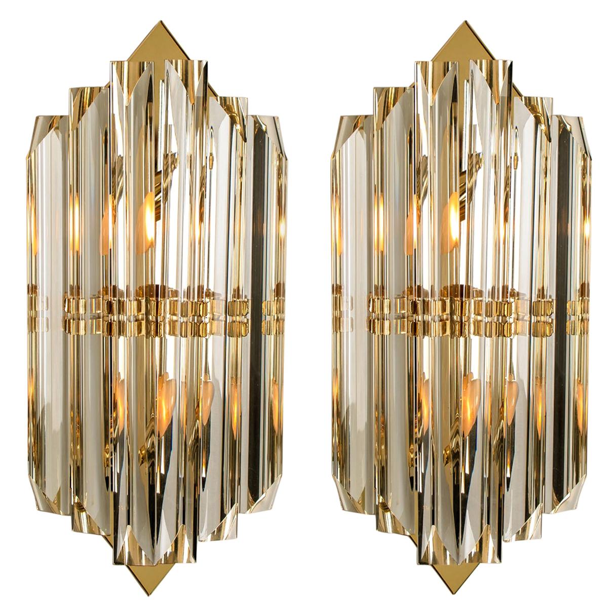 Pair of Venini Style Murano Glass and Gilt Brass Sconces, Italy