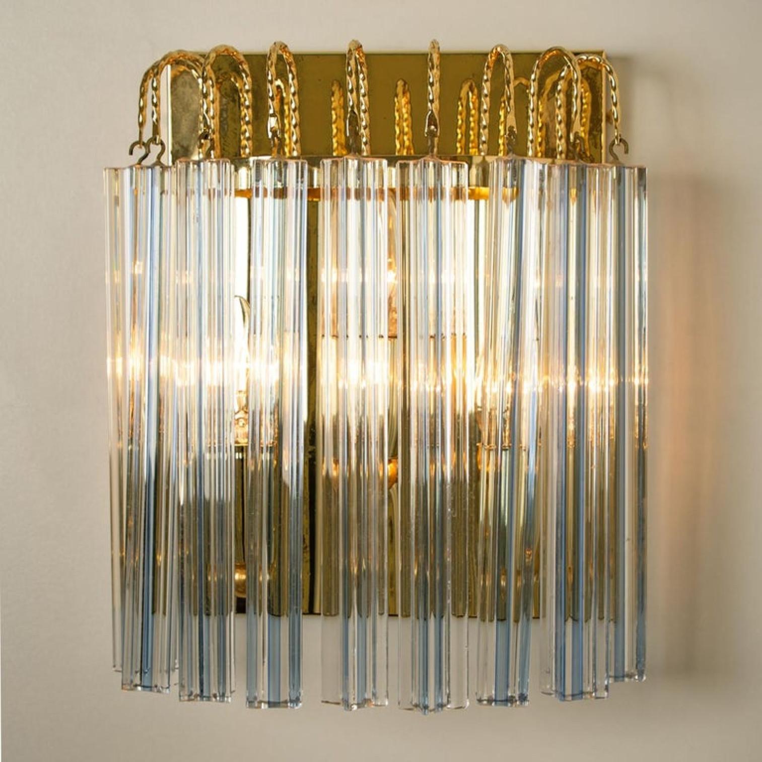 Italian Pair of Venini Style Murano Glass and Gilt Brass Sconces with Grey Stripe, Italy For Sale