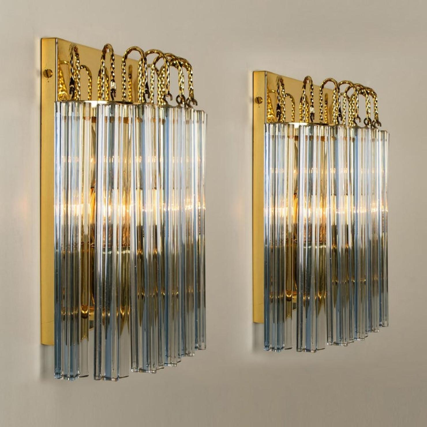 Plated Pair of Venini Style Murano Glass and Gilt Brass Sconces with Grey Stripe, Italy For Sale