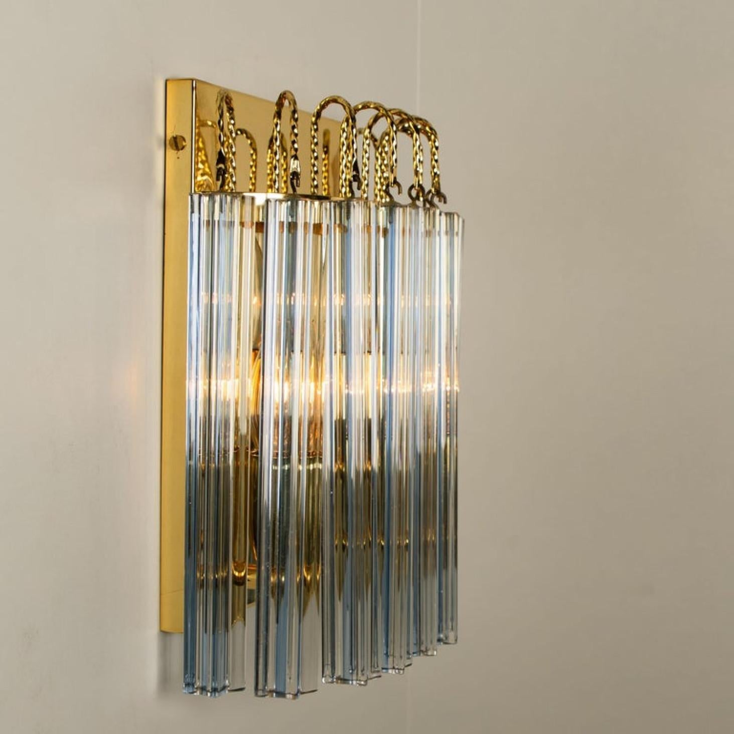 Late 20th Century Pair of Venini Style Murano Glass and Gilt Brass Sconces with Grey Stripe, Italy For Sale
