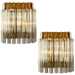Pair of Venini Style Murano Glass and Gilt Brass Sconces with Grey Stripe, Italy