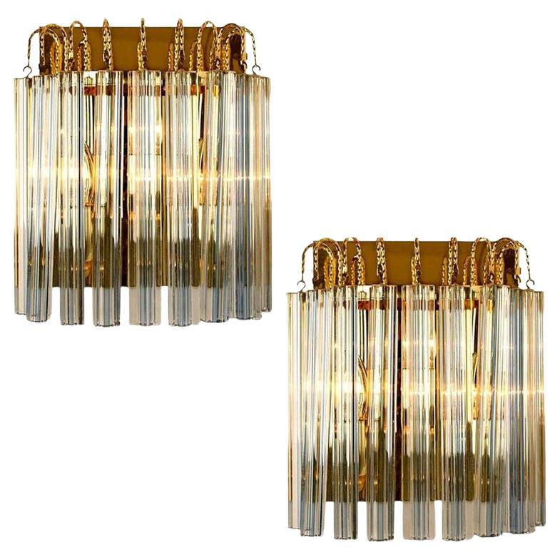 Pair of Venini Style Murano Glass and Gilt Brass Sconces with Grey Stripe, Italy For Sale