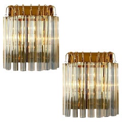 Retro Pair of Venini Style Murano Glass and Gilt Brass Sconces with Grey Stripe, Italy