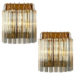 Pair of Venini Style Murano Glass and Gilt Brass Sconces with Grey Stripe, Italy