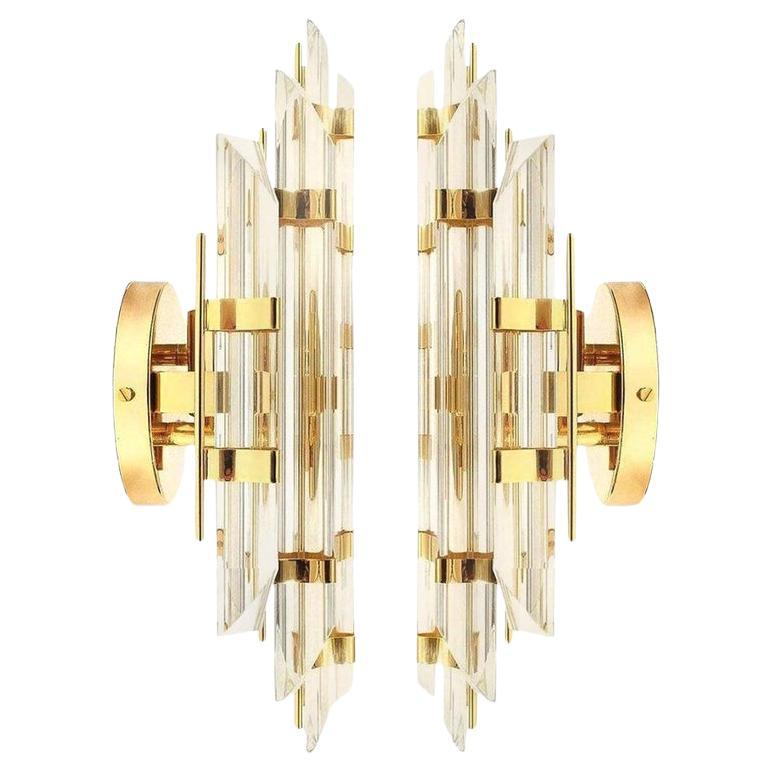 Pair of Venini Style Murano Glass and Gold-Plated Sconces, Italy For Sale