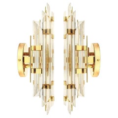 Vintage Pair of Venini Style Murano Glass and Gold-Plated Sconces, Italy
