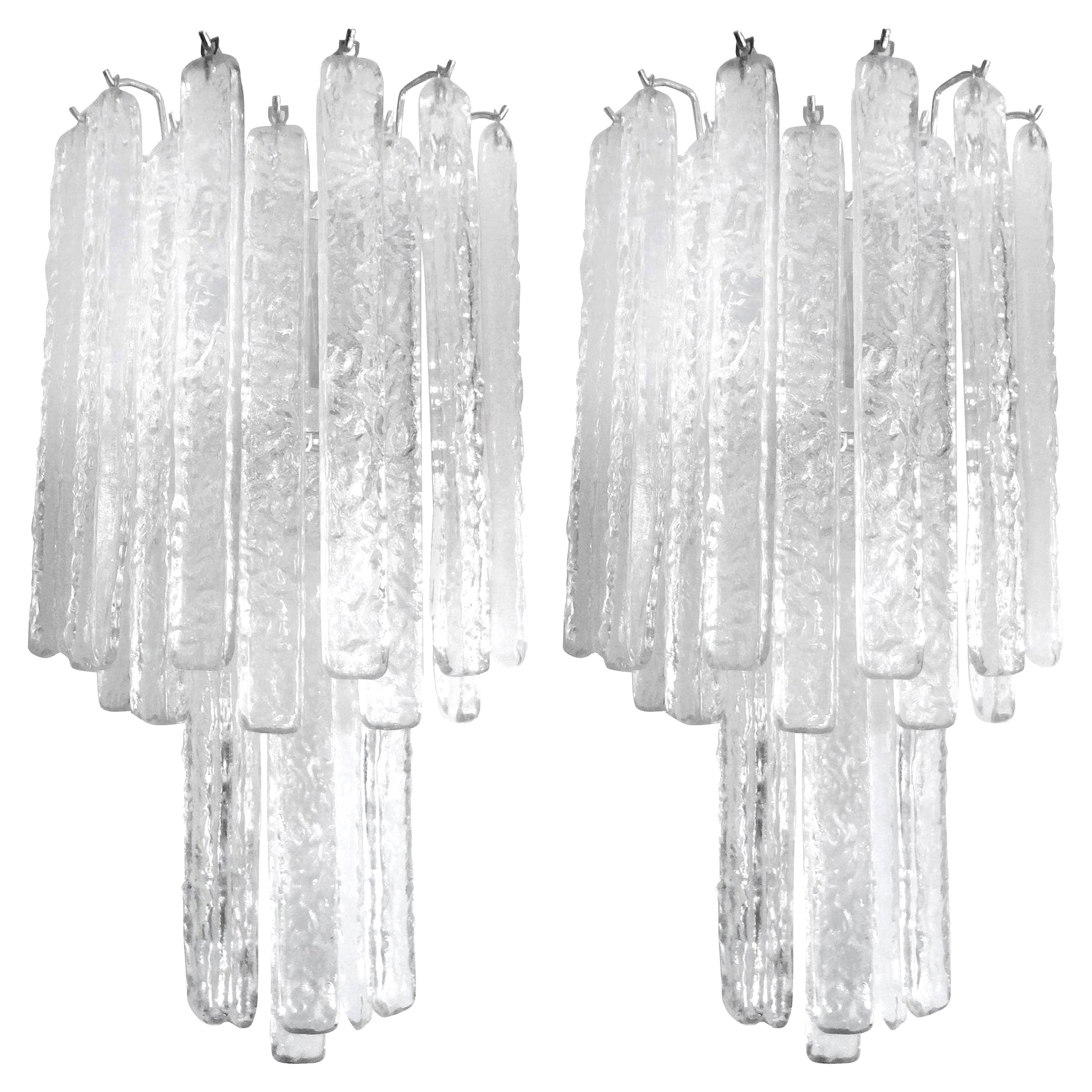 Pair of Venini Style Murano Glass Icicle Sconces