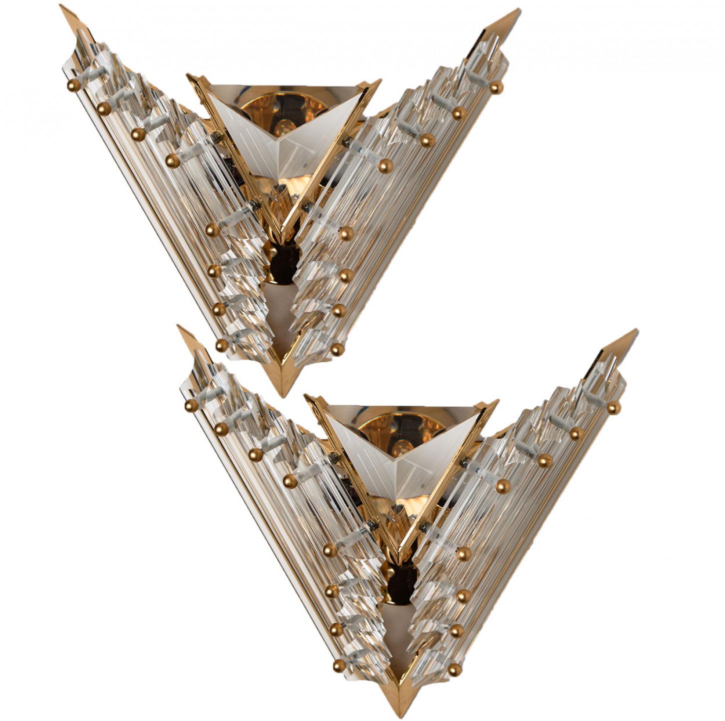 Pair of Venini Style Triedroglass Glass and Brass Sconces, Italy, 1970s For Sale 7