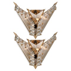 Pair of Venini Style Triedroglass Glass and Brass Sconces, Italy, 1970s